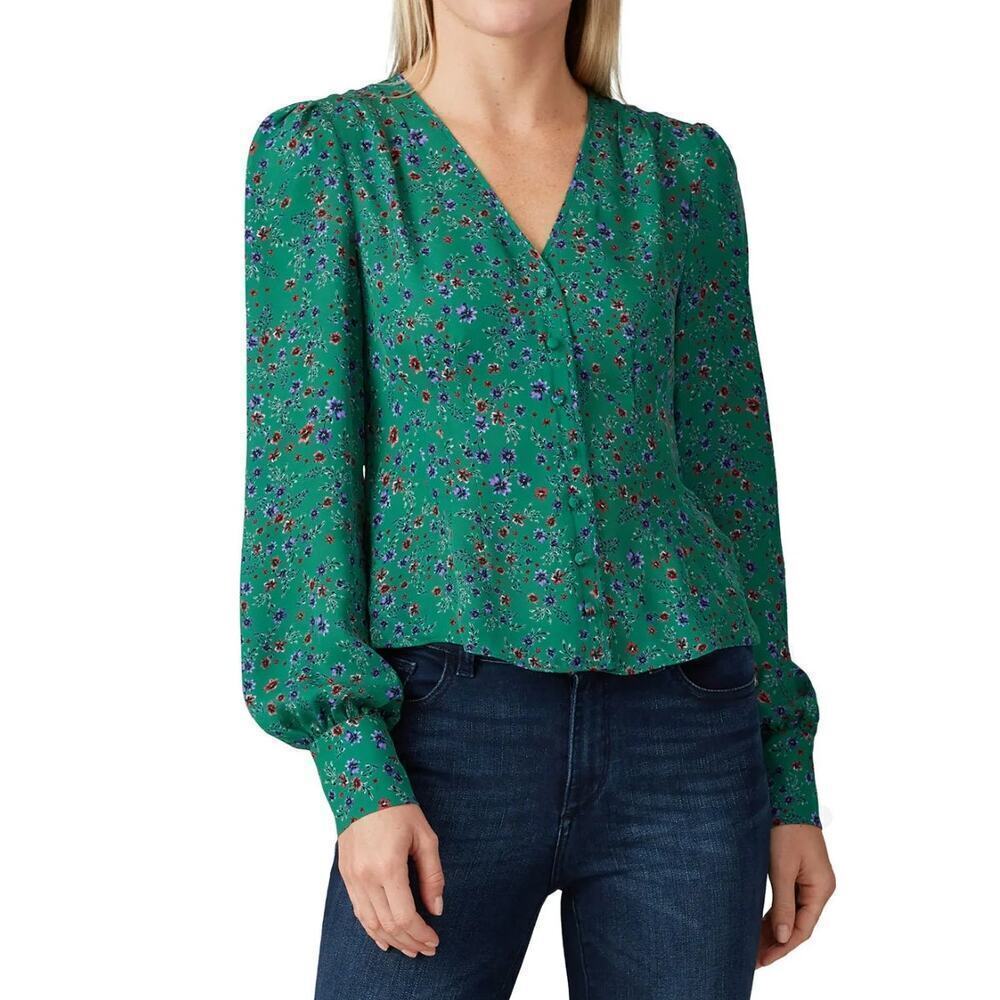 Nicholas Women's 100% Silk Green Button Front Floral Blouse Top • Size 8 ⬇️